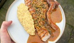 Pork chop, root mash with beer and onion gravy